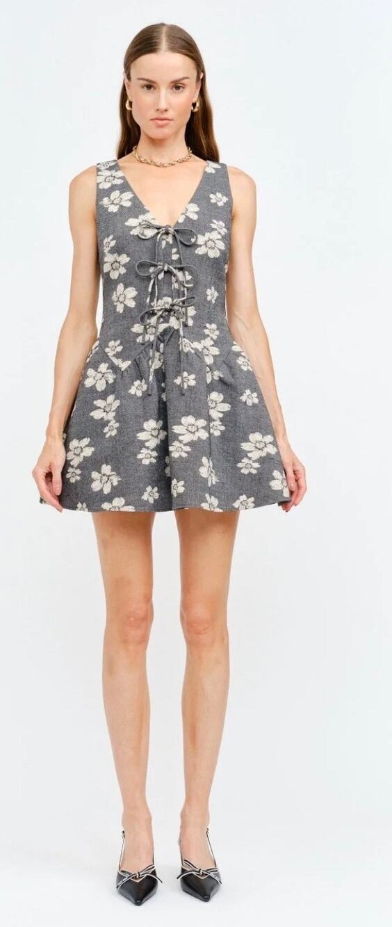 Sofie the Label Floral Jacquard Mini Dress Women M Gray Cream EUC Bow Lace-up